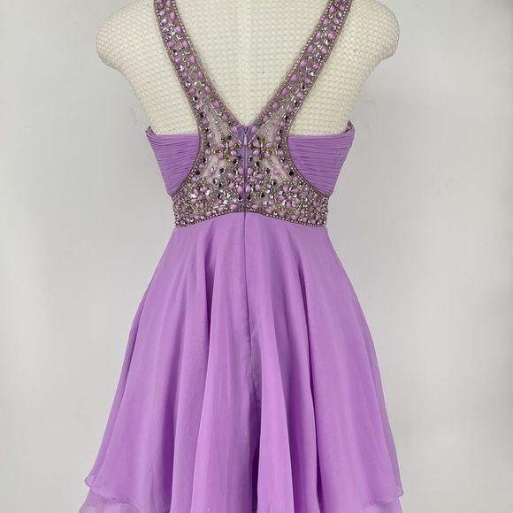 Custom Purple Beaded Halter Cocktail Dress - Picture 7 of 11